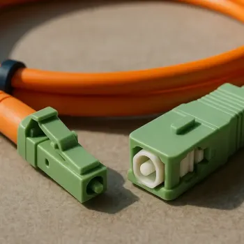  Orangefarbenes Glasfaser Kabel auf Tisch.